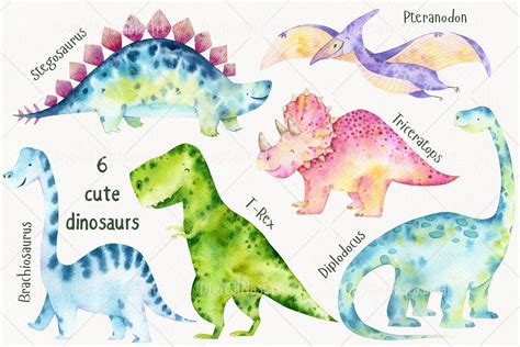 Watercolor Dinosaur Clipart, Dinosaur Illustration, Babyshower Dinosaur ...