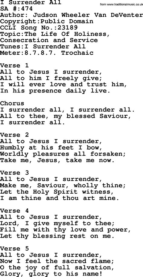 Salvation Army Hymnal Song: I Surrender All, with Lyrics and PDF