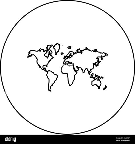 Map world icon in circle round black color vector illustration image outline contour line thin ...