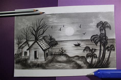 how to draw scenery of moonlight night scene with a pencil sketch | Nature art drawings, Buddha ...