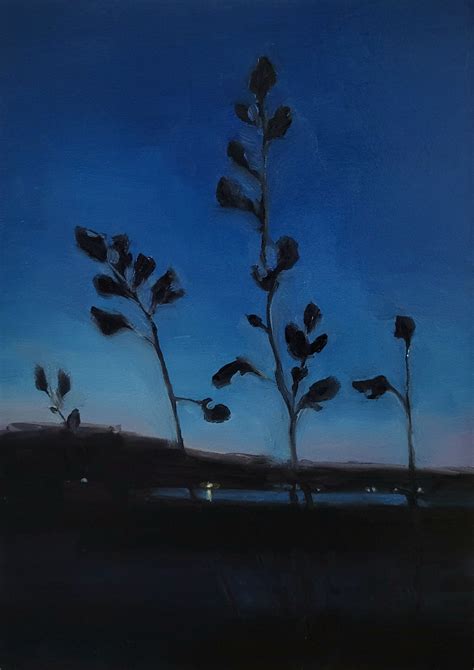 Blue Hour Field Grass, Original Landscape Oil Painting Plant Decor, Evening Sky Nocturne Study ...