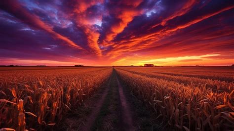 Premium AI Image | a sunset over a corn field with a sunset in the background