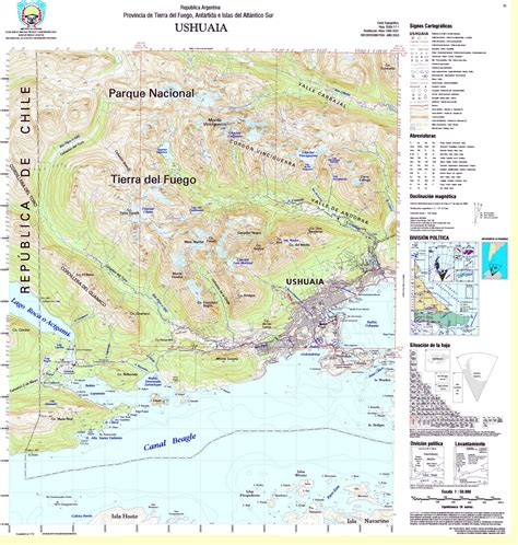 Topographic chart of the region of Ushuaia, Tierra del Fuego, Argentina | Gifex