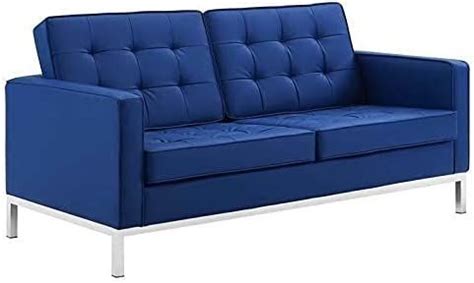ADHW Sofa Loveseat in Navy Button Tufting Leathersoft & Metal Base in ...