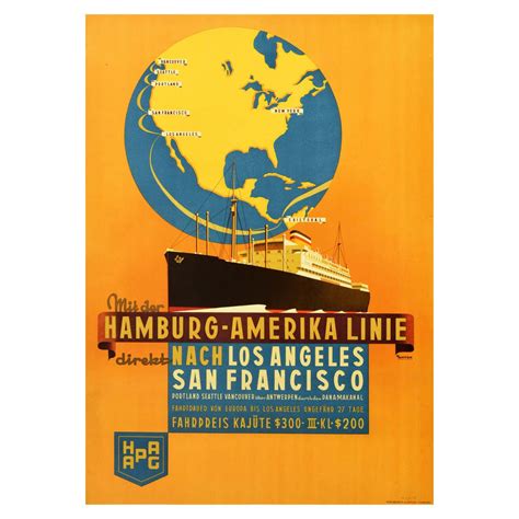 Original Vintage Travel Poster Hamburg America Line To Los Angeles San Francisco For Sale at 1stDibs