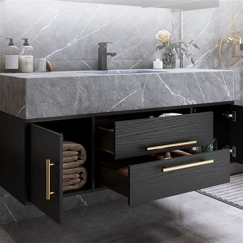 Modern 39" Floating Black Bathroom Vanity Stone Top Wall Mounted ...