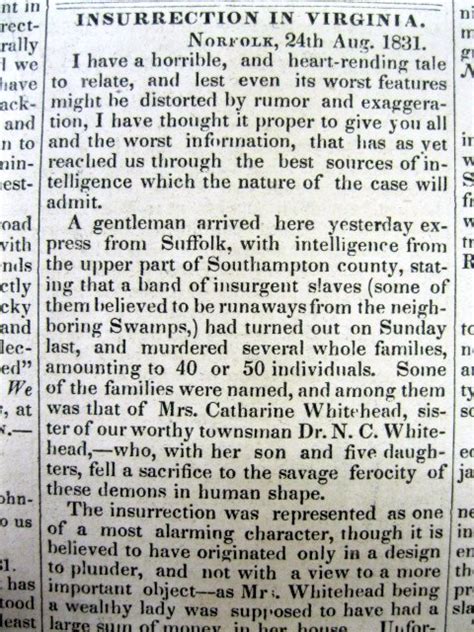 1831 hdln newspaper NAT TURNER SLAVE REBELLION KILLS WHITES Southampton VIRGINIA | eBay