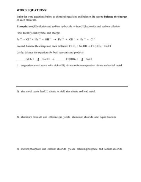 Word Equations Worksheet Chemistry - Tessshebaylo