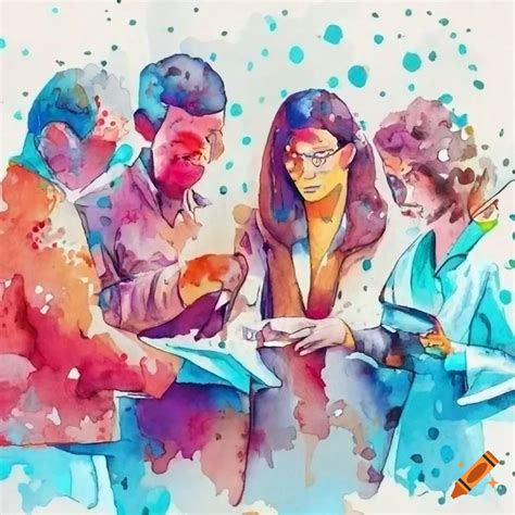 Watercolor painting of scientists having a discussion