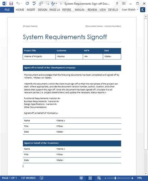 System Requirements Signoff Template – MS Word – Templates, Forms, Checklists for MS Office and ...