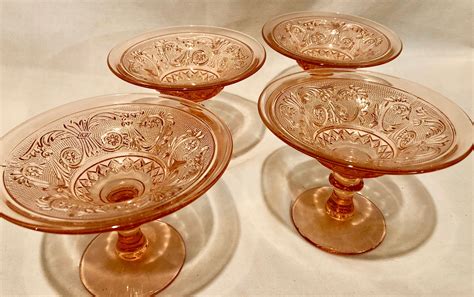 Antique Blush Pink Depression Glass Scroll Pattern Pedestal Dessert Dishes -Set of Four