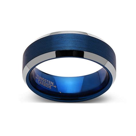 Blue Tungsten Wedding Band - Silver Brushed Tungsten Ring - 8mm - Mens