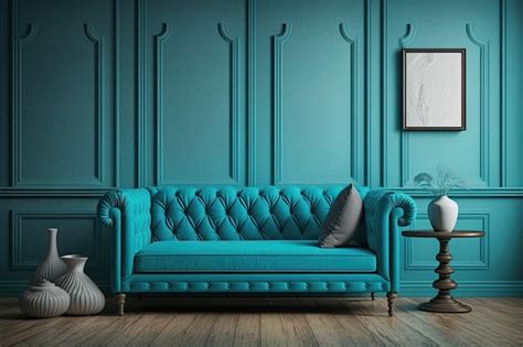 Premium AI Image | Turquoise sofa classic living room decoration grey and blue wall horizontal ...