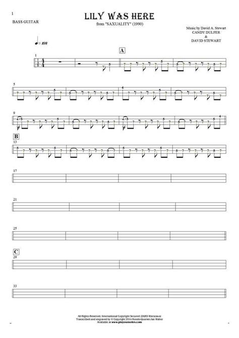 Lily Was Here - Tablature (rhythm values) for bass guitar | PlayYourNotes