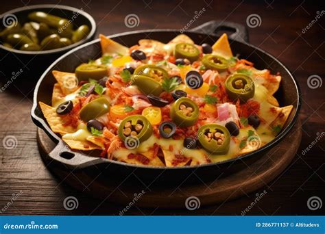 Baked Nachos Garnished with Jalapenos and Olives Stock Illustration ...