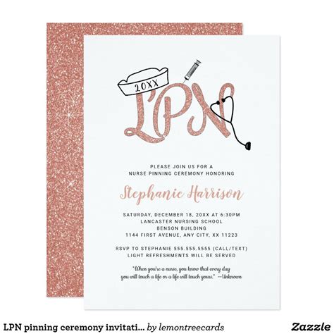 LPN pinning ceremony invitation, rose gold glitter Invitation Glitter Invitations, Graduation ...