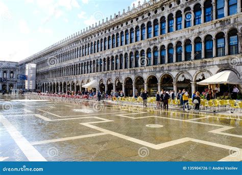 VENICE, ITALY - SEPTEMBER 12, 2017 - Giant Puddle on the St. Mark Square after the Flood. Piazza ...