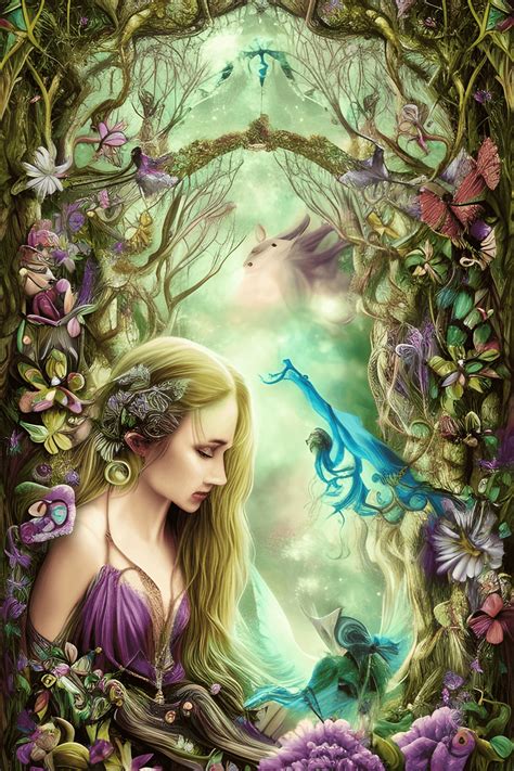 Beautiful Fantastical Mystical Fairies in Magical Forest Digital Graphic · Creative Fabrica