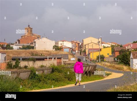 Pilgrims walking the Camino de Santiago pilgrimage route, the way of St ...