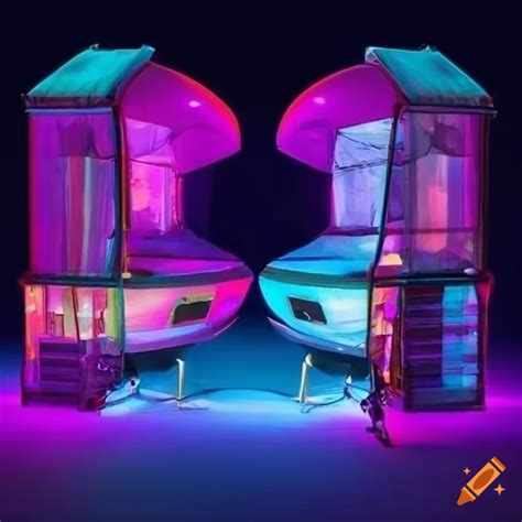 Retro futuristic space colony structures with colored glass