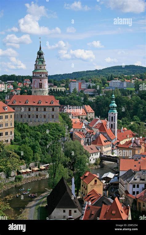 View over Cesky Krumlov Old Town, Chesky Krumlov Castle, its tower and the Vltava River in ...