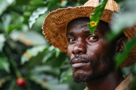 An African farmer clad in a straw hat standing amidst a coffee ...