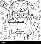 Woman seamstress Using Her Sewing Machine Coloring book Page Stock  sketch template