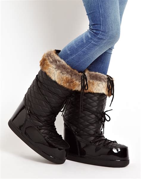 Lyst - Asos Barts Black Quilted Faux Fur Cuff Snow Boots in Black