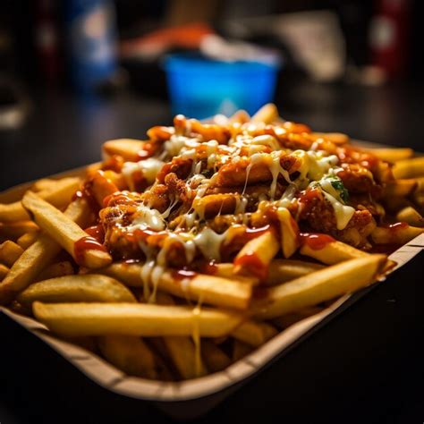 Premium Photo | A tray of french fries with ketchup and cheese.