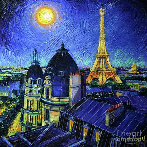 PARIS ROOFTOPS IN MOONLIGHT palette knife oil painting Mona Edulesco Painting by Mona Edulesco