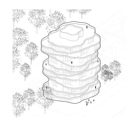 an aerial view of a building surrounded by trees