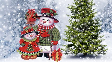 Festive Snowman and Tree HD Christmas Wallpaper