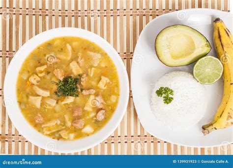 Tasty Typical Colombian Food; Mondongo of Soup with Avocado, Banana and ...