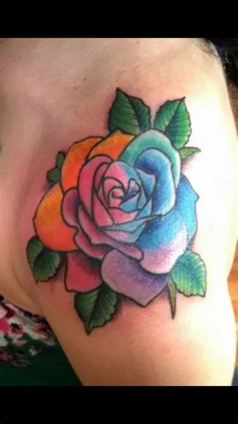 Rainbow Rose Tattoo On Girl Left Shoulder | Tattoos, Rainbow roses, Rose tattoos