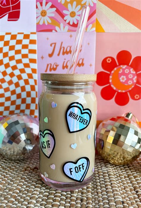 Anti Valentines Day Candy Heart Iced Coffee Glass, Valentine Glass, Iced Coffee Glass, Coffee ...