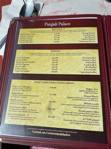 Menu at Punjab Palace restaurant, Montréal, 920 Rue Jean-Talon O