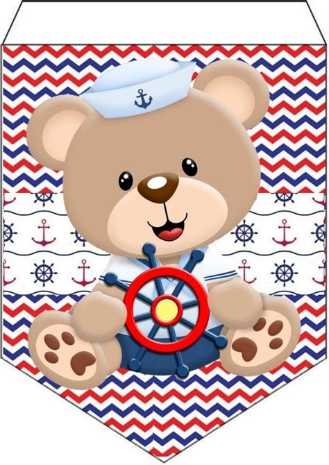 a brown teddy bear sitting on top of a red white and blue chevron background