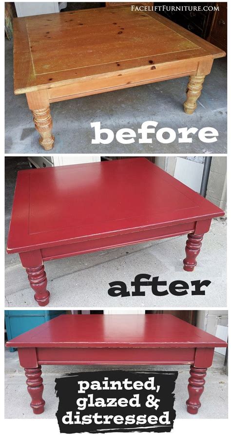 before and after photos of a red painted coffee table