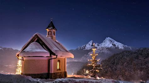 tree, night, winter, church - Coolwallpapers.me!