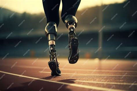 Premium AI Image | Athlete with prosthetic legs running on track ...