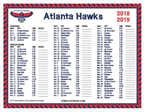 Printable 2018-2019 Atlanta Hawks Schedule