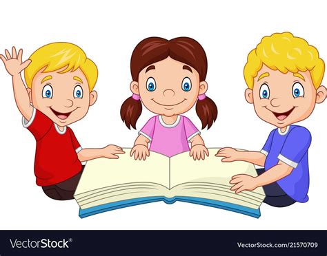 Vector illustration of Cartoon happy kids reading a book. Download a ...