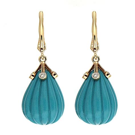 Carved Turquoise Diamond Gold Drop Earrings at 1stDibs