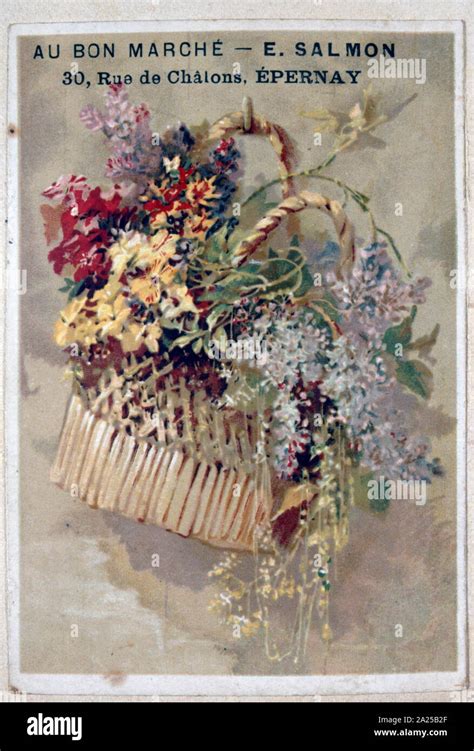 French greeting card written with basket of flowers illustration. 1900 ...