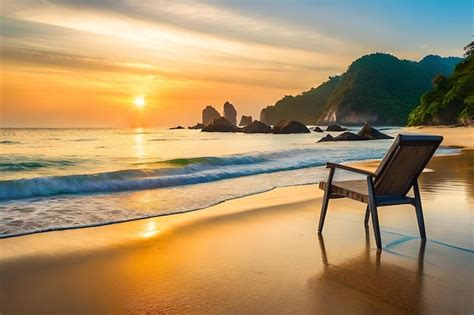 Premium Photo | A sunset on a beach with a beach chair and a sunset in the background.