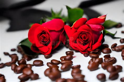 Roses and Scattered Coffee Beans on the White Table Stock Photo - Image ...