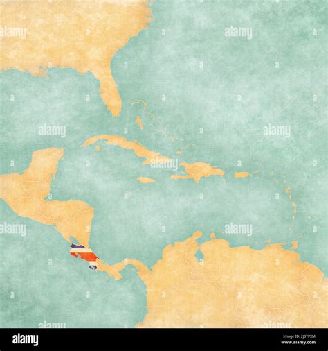 Costa Rica (Costa Rican flag) on the map of Caribbean and Central America. The Map is in vintage ...