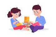 Kids reading books. Cartoon boy girl | Background Graphics ~ Creative Market