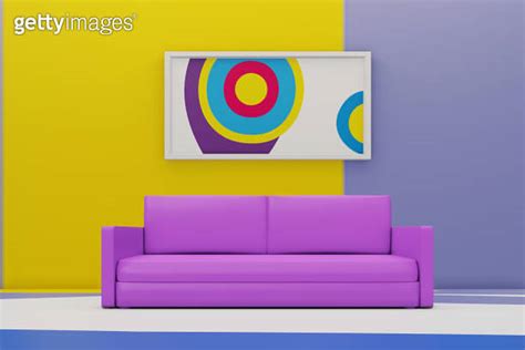 Bright Multi-colored Apartment Design. Abstract minimalist living room with sofa and big frame ...