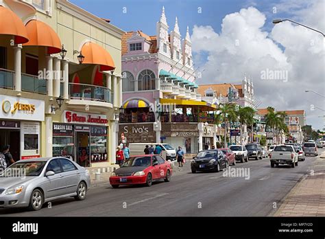 Oranjestad, Aruba: February 28, 2017- the strip of downtown businesses in the capital city Stock ...